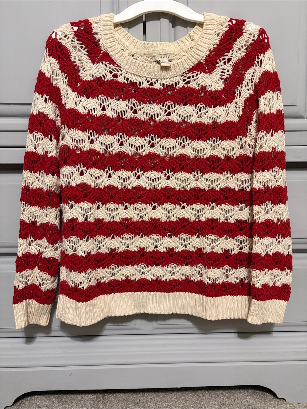 Forever 21 Red & Cream Striped Open-Knit Crewneck Sweater